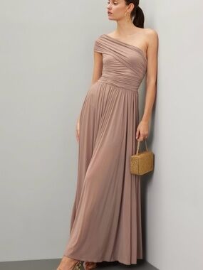 Ronny Kobo One-Shoulder Taupe Maxi Dress